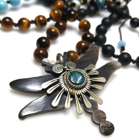 Dragonfly Necklace, Gemstone Beads, Hand Knotted Beads, Knotted Clasp, 34 Inches - Picture 6 of 7